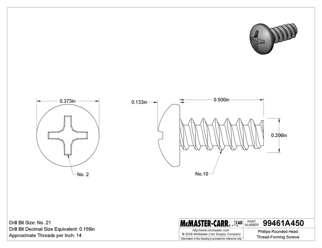Technical Drawing of Phillips Rounded Head Thread-Forming Screws, for Plastic, 18-8 Stainless Steel, Number 10 Size, 1/2" Long.